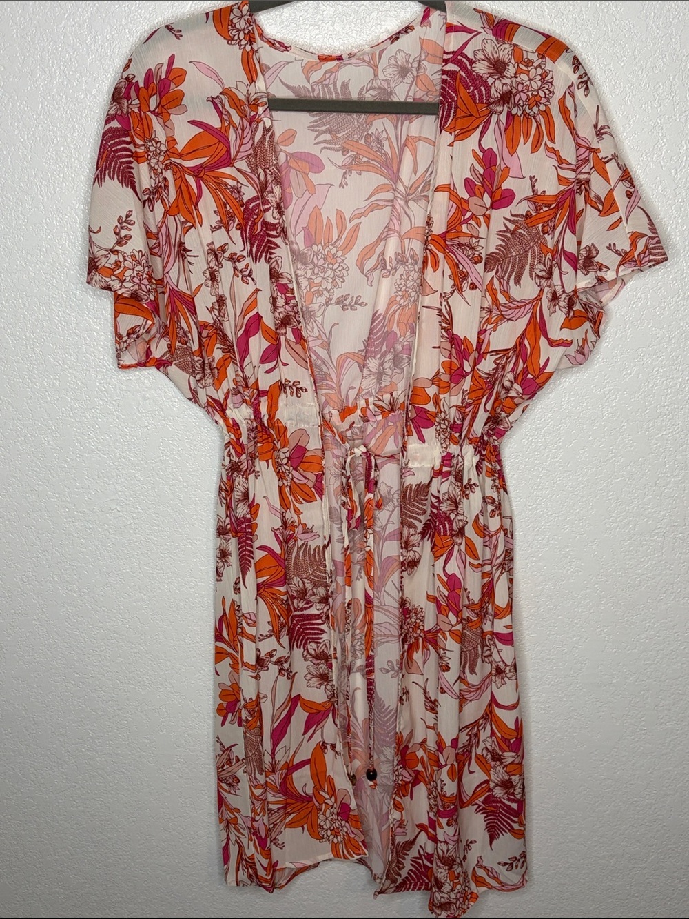 Cupshe White with Orange Tropical Print Tie Front Swim Cover Kimono Size Medium